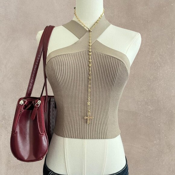 Aritzia Babaton Sculpt Knit Criss Cross Cropped Tank in Fluent Taupe - Picture 2 of 9